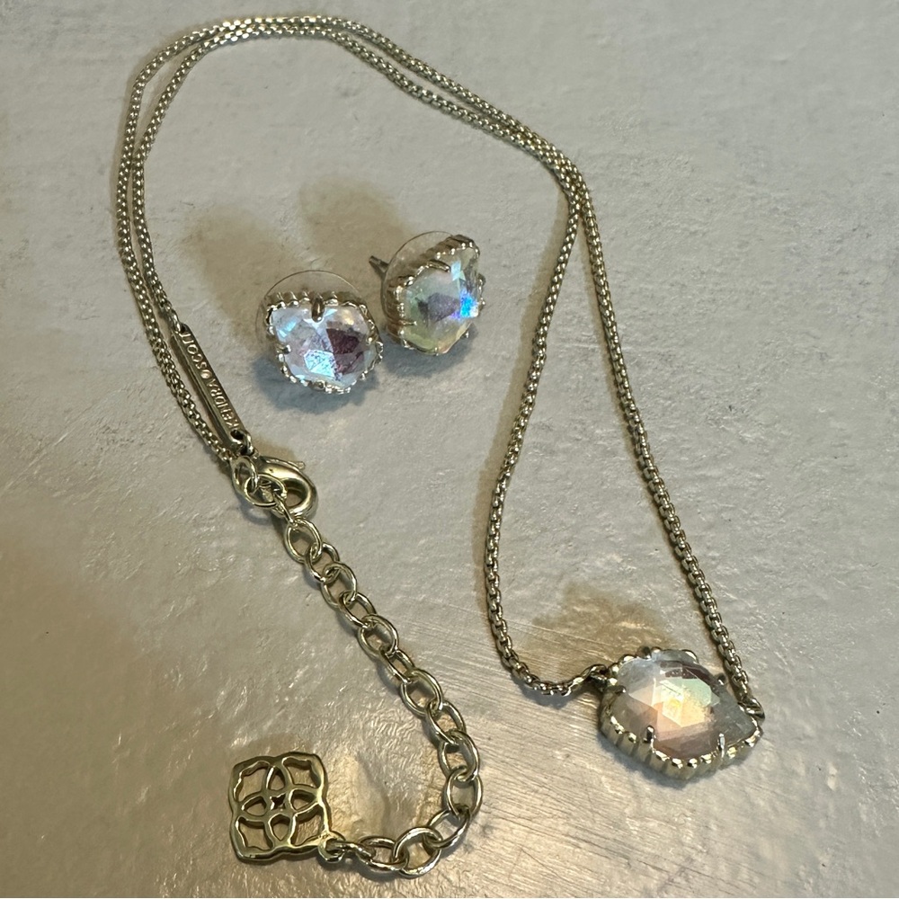 Kendra Scott Silver Necklace and earrings with Iridescent Stones
